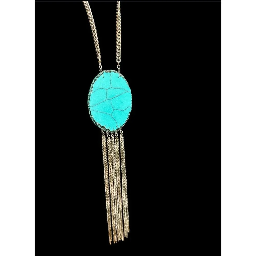 Silver Tone Turquoise Oval Pendant Necklace Long Fringe Southwestern Boho